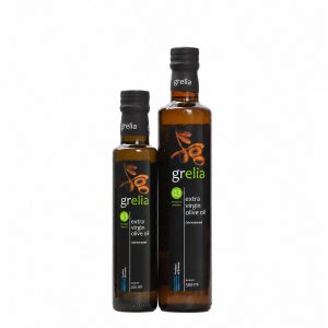 „Grelia Extra Virgin 0.3“ alyvuogių aliejus 250 ml ir 500 ml buteliuose.