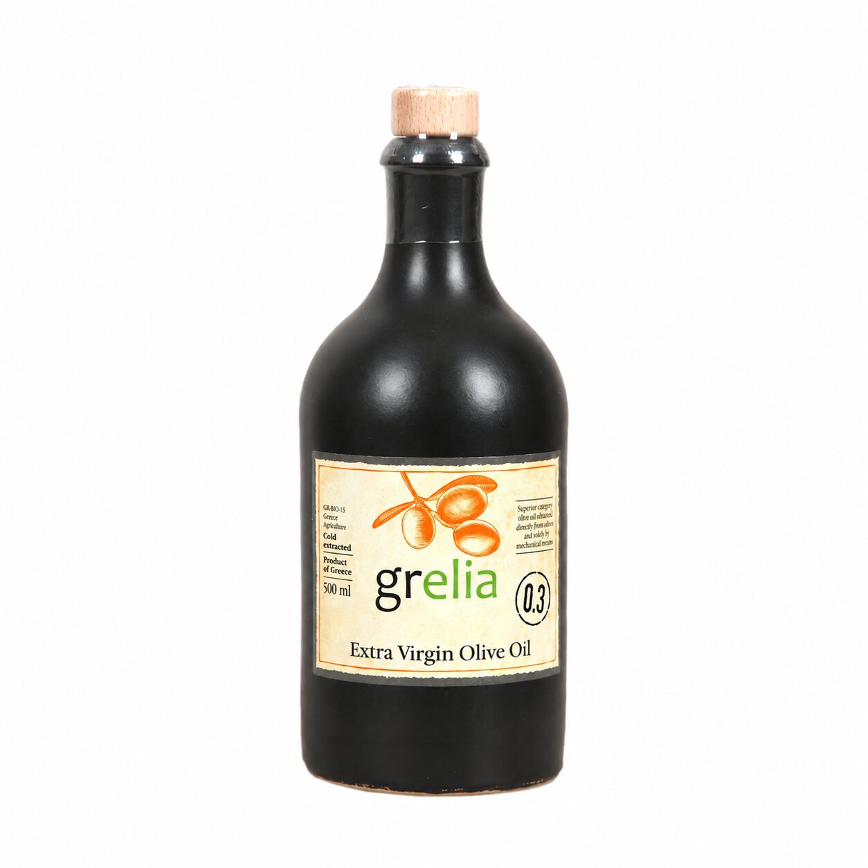 "Grelia 0.3“ šalto spaudimo alyvuogių aliejus 500 ml keraminiame butelyje baltame fone.